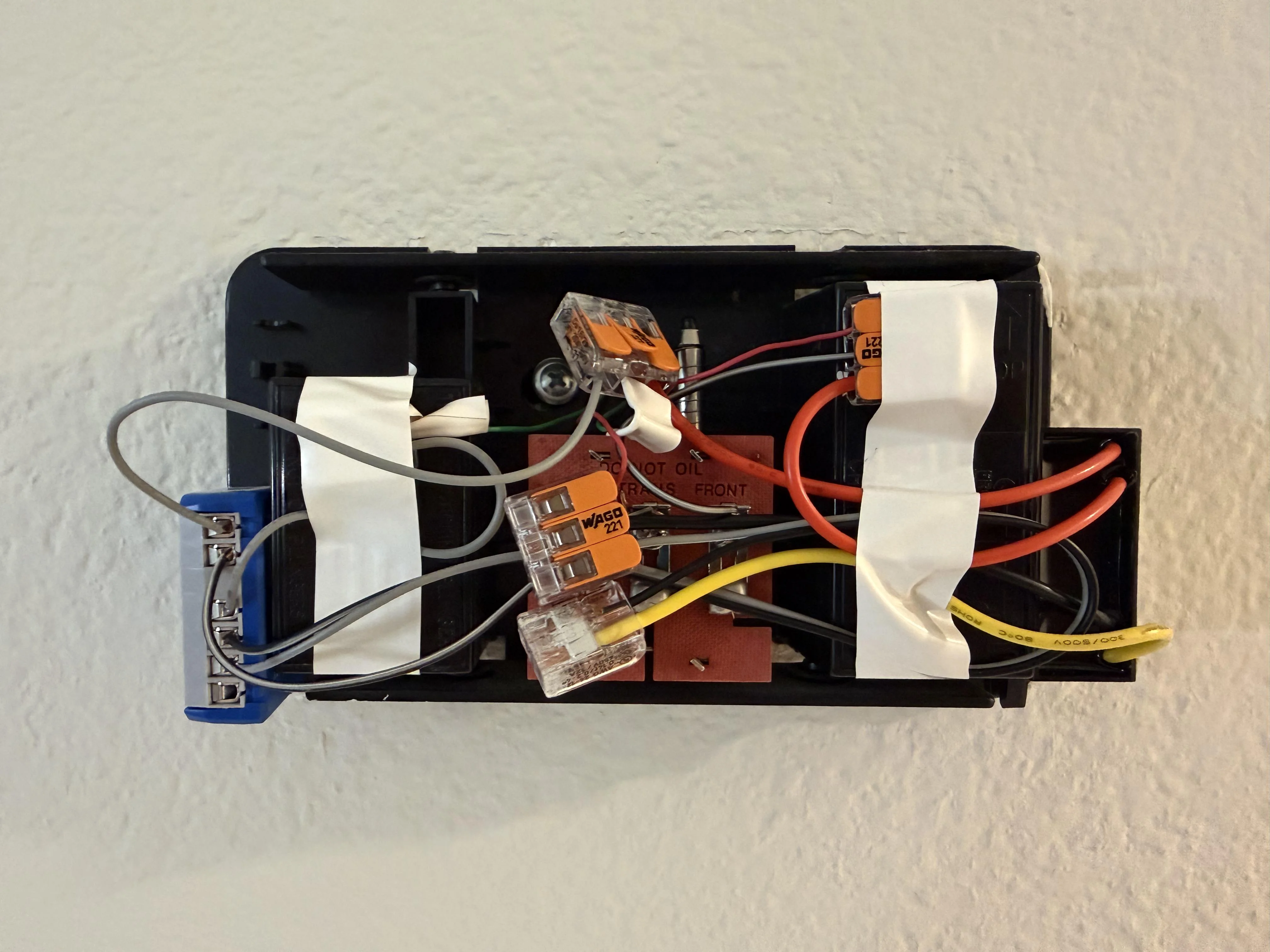 Shelly 1 Gen 4 and 16V AC→12V DC converter installed inside the doorbell chime box